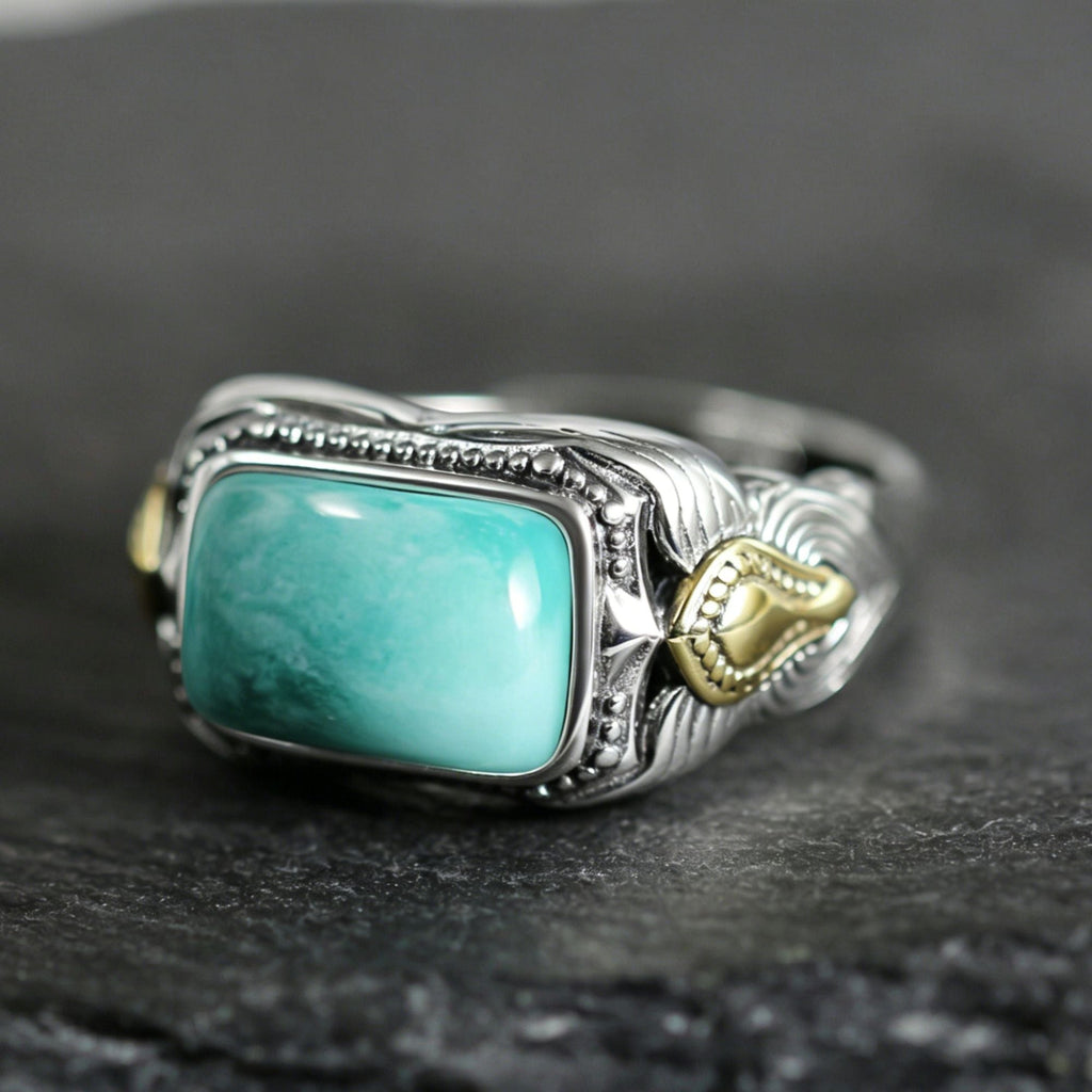 Vintage Square Turquoise Statement Ring 925 Sterling Silver
