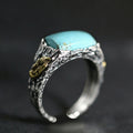 925 Sterling Silver Brass Accent Bark Texture Turquoise Ring