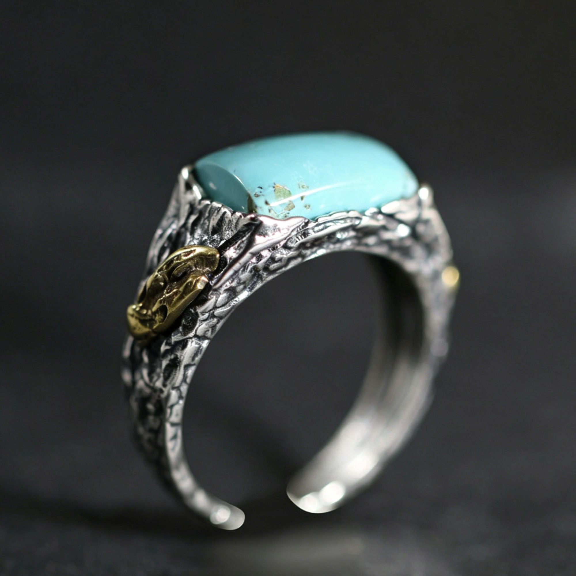 925 Sterling Silver Brass Accent Bark Texture Turquoise Ring