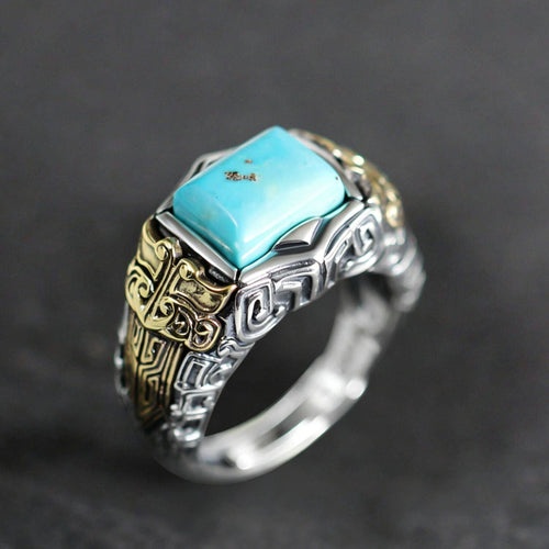 925 Sterling Silver Antique Geometric Turquoise Ring