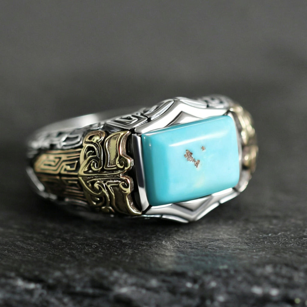 925 Sterling Silver Antique Geometric Turquoise Ring