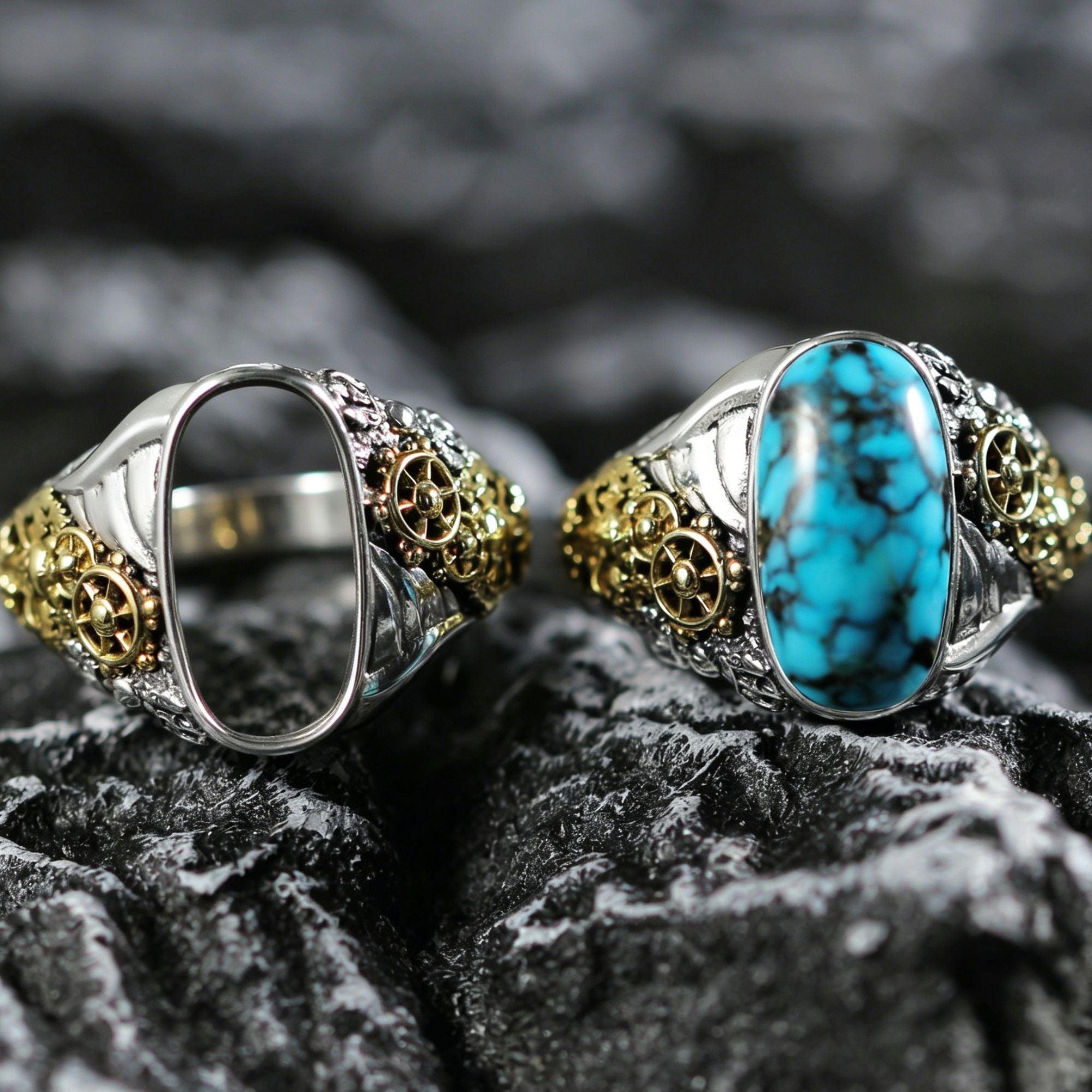 Steampunk Gear Turquoise Ring 925 Sterling Silver