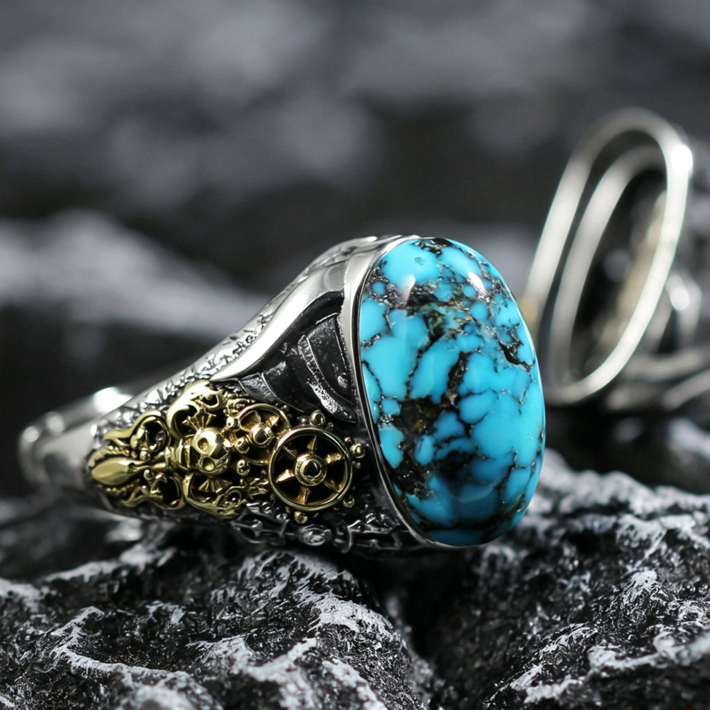 Steampunk Gear Turquoise Ring 925 Sterling Silver