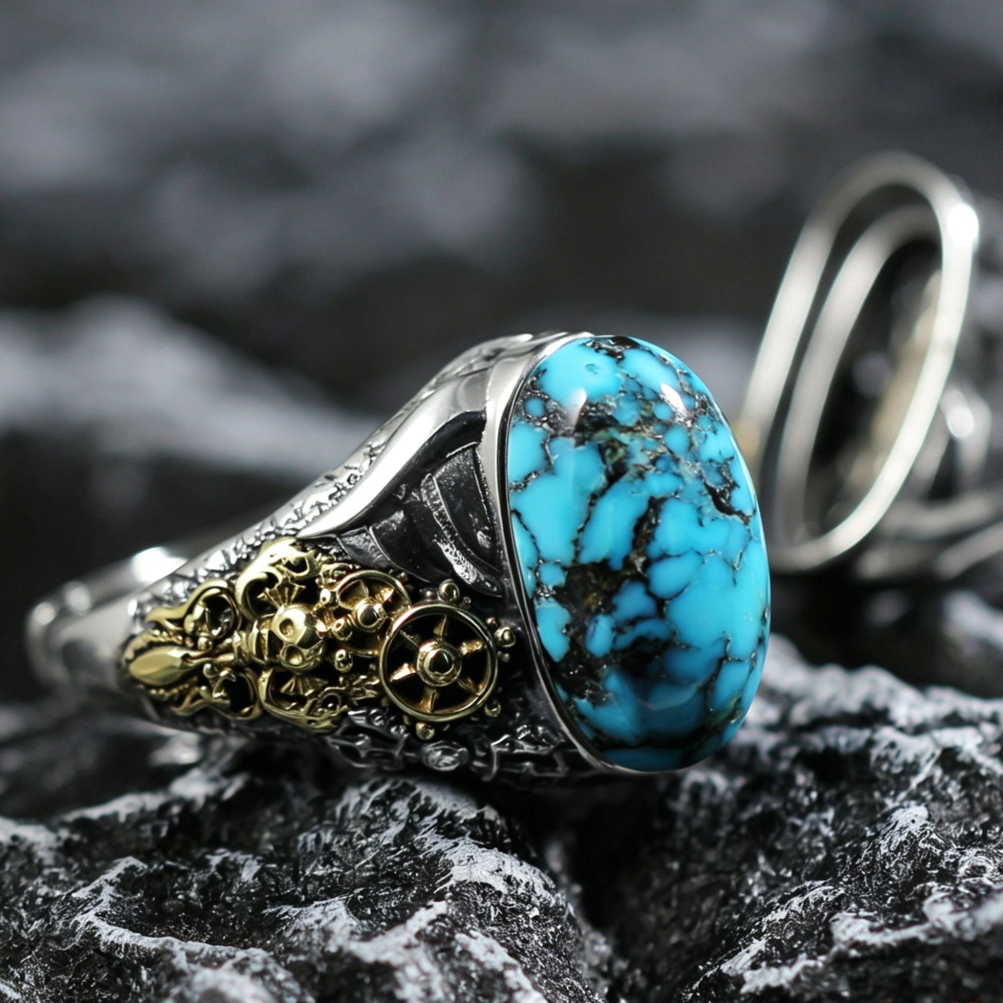 Steampunk Gear Turquoise Ring 925 Sterling Silver