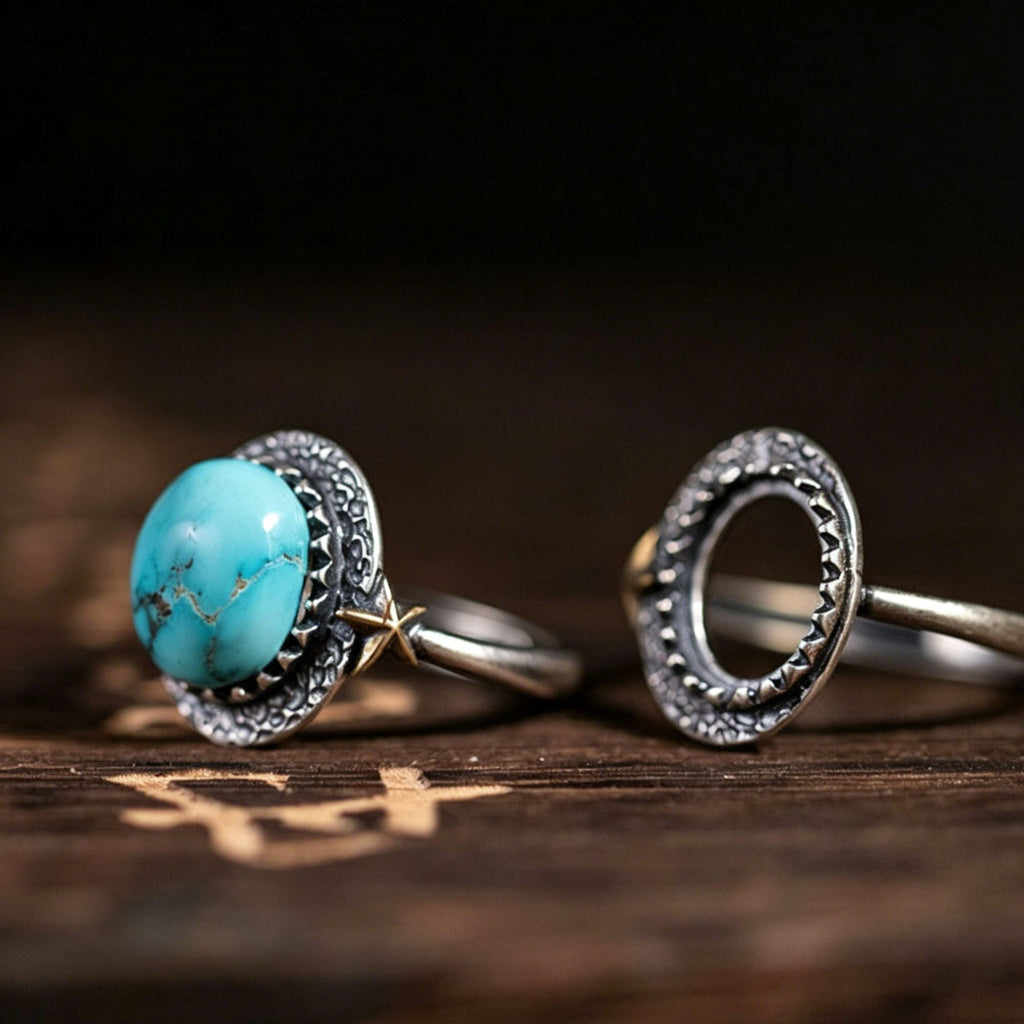 Star‑Accent Serrated Turquoise Ring 925 Sterling Silver
