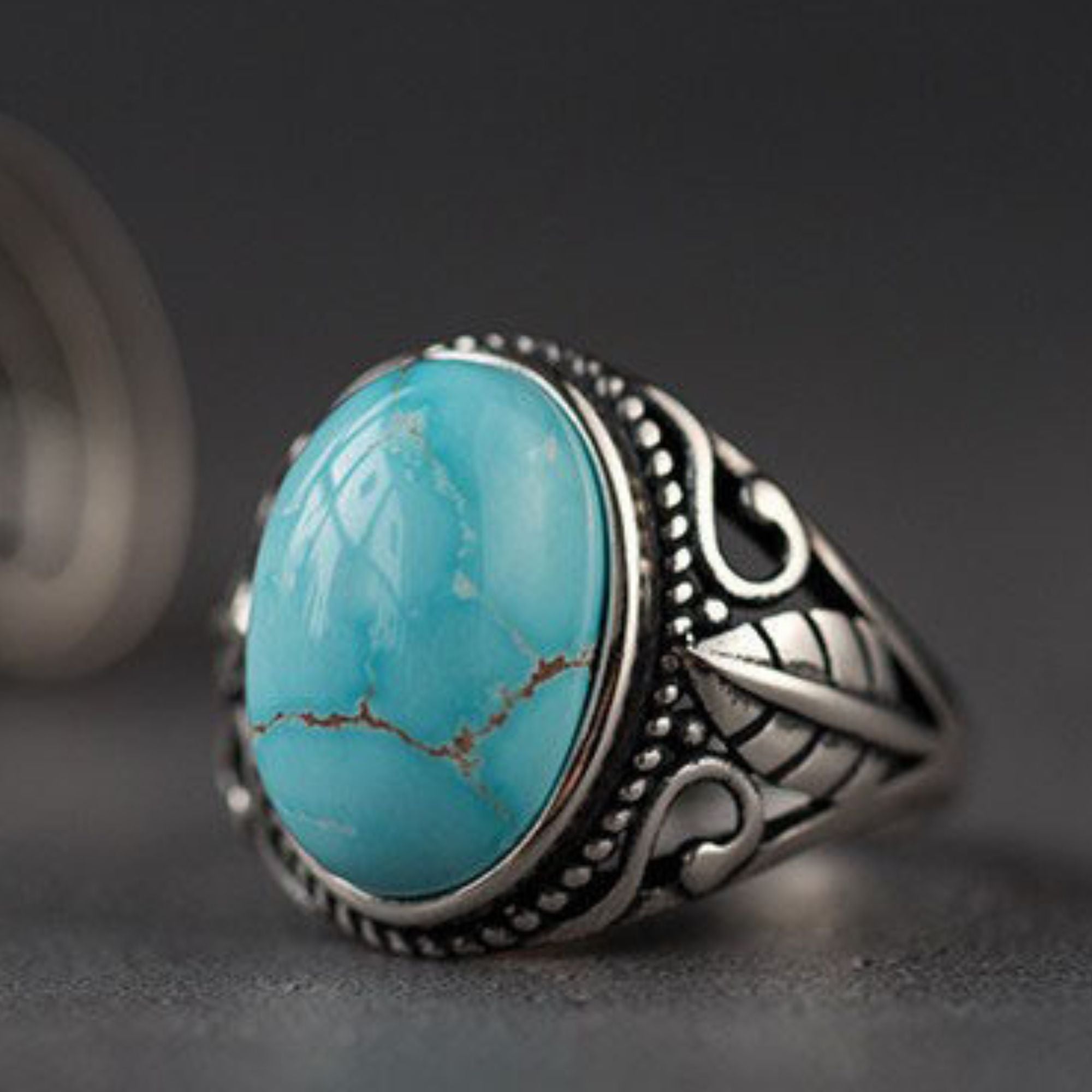 925 Sterling Silver Feather‑Leaf Turquoise Ring