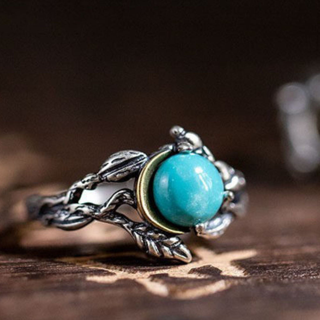 925 Sterling Silver Twig & Leaf Turquoise Open Ring