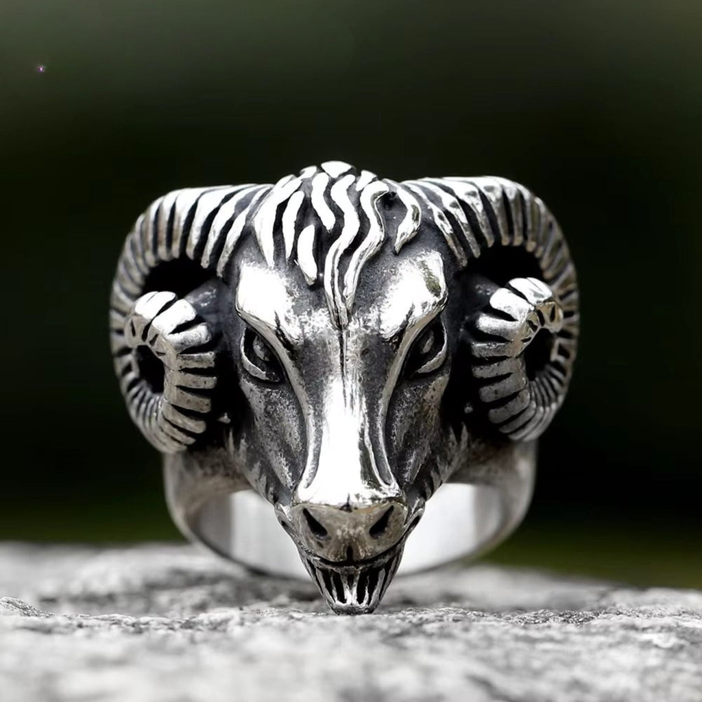 Vintage 3D Ram Head Stainless Steel Ring