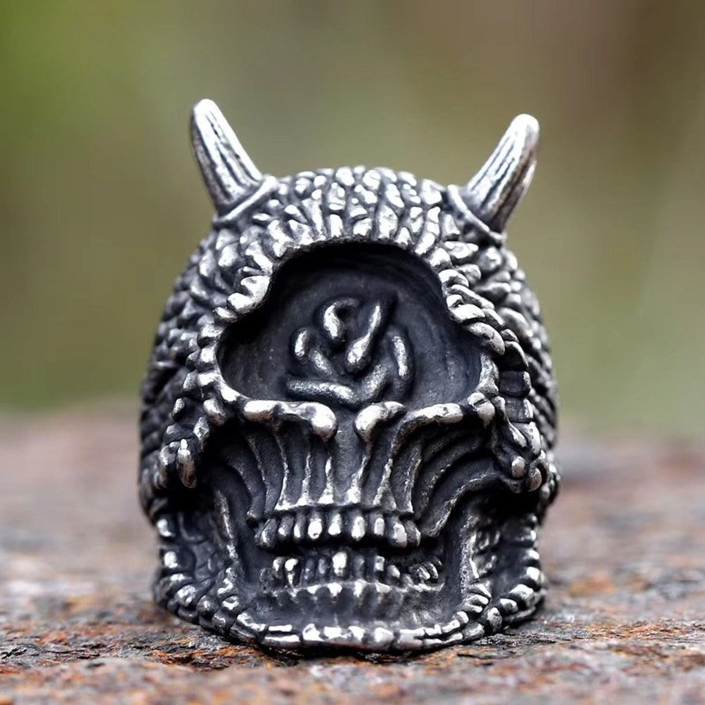 Horned Demon Skull with Rose Stainless Steel Ring