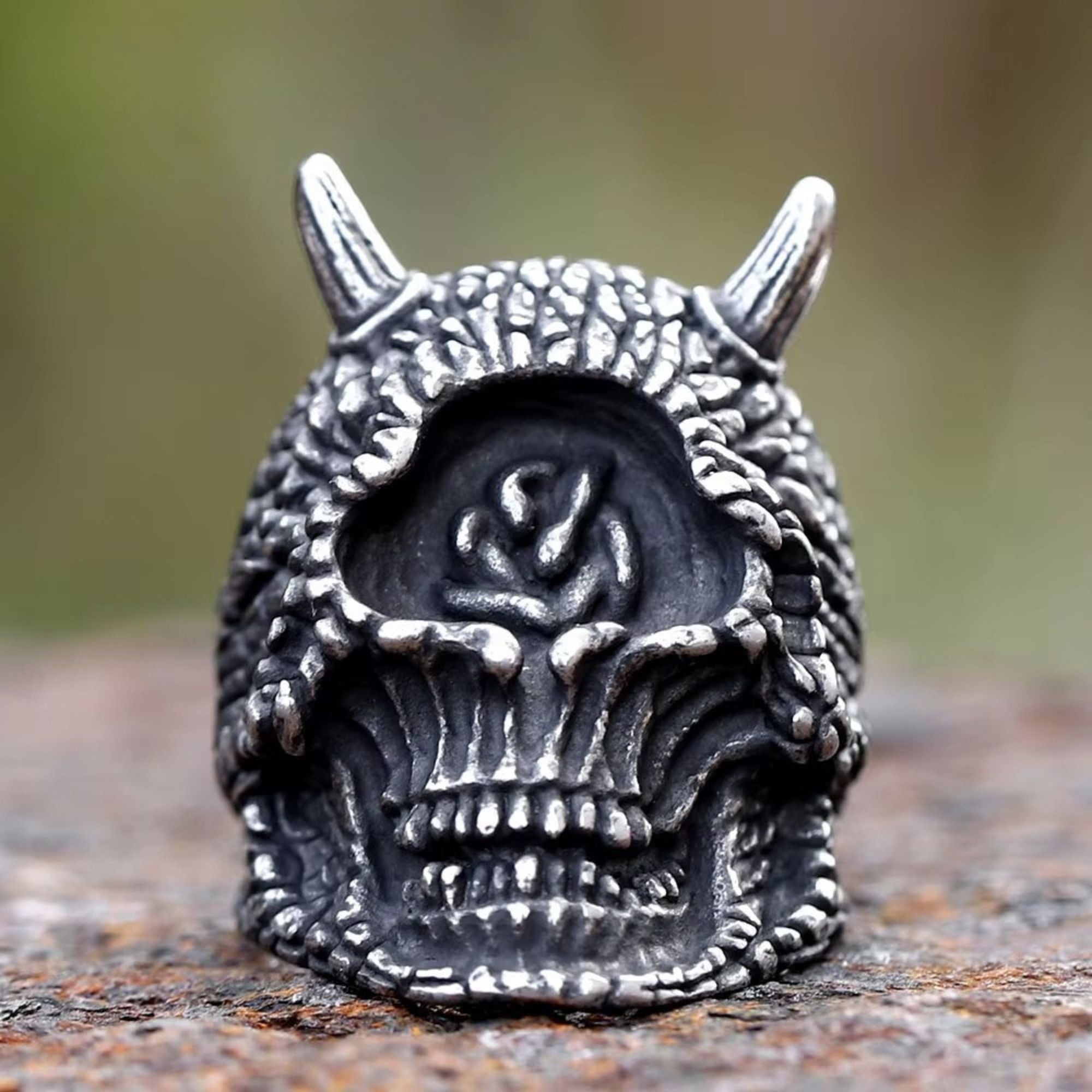 Horned Demon Skull with Rose Stainless Steel Ring