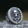 Vintage Laurel Wreath Skull Signet Stainless Steel Ring