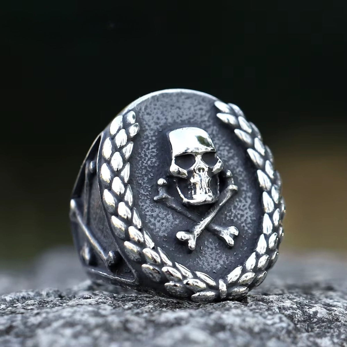 Vintage Laurel Wreath Skull Signet Stainless Steel Ring