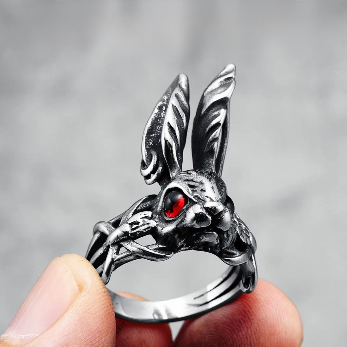Gothic Red-Eyed Rabbit Vine Stainless Steel Ring