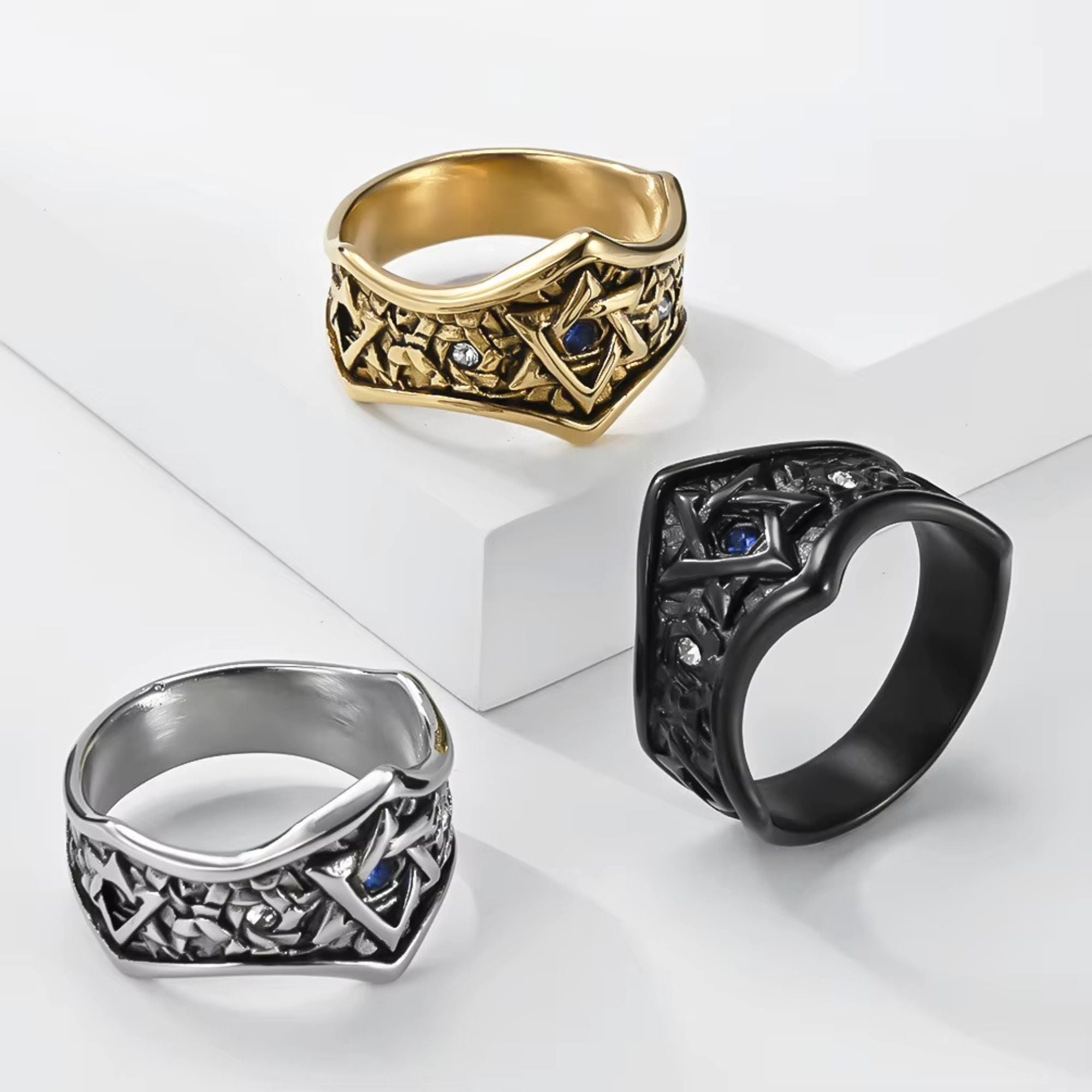 Star of David Hammered V-Band Stainless Steel Ring