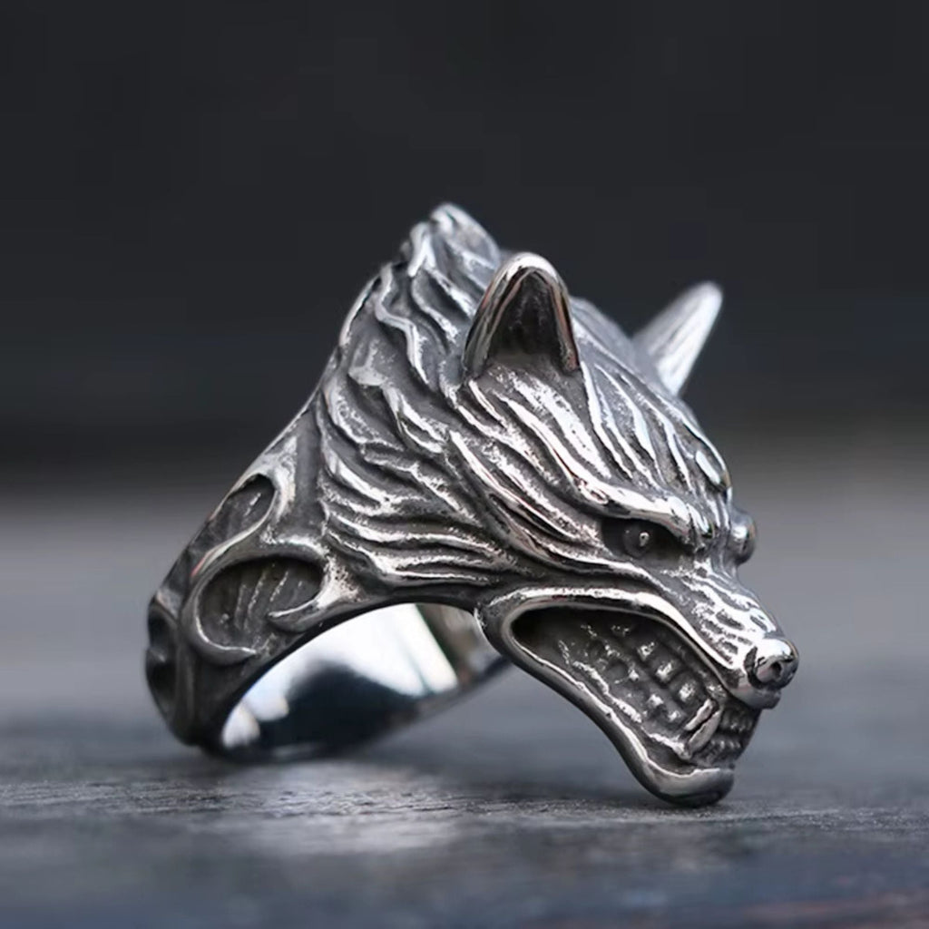 Fierce Roaring Wolf Head Stainless Steel Ring