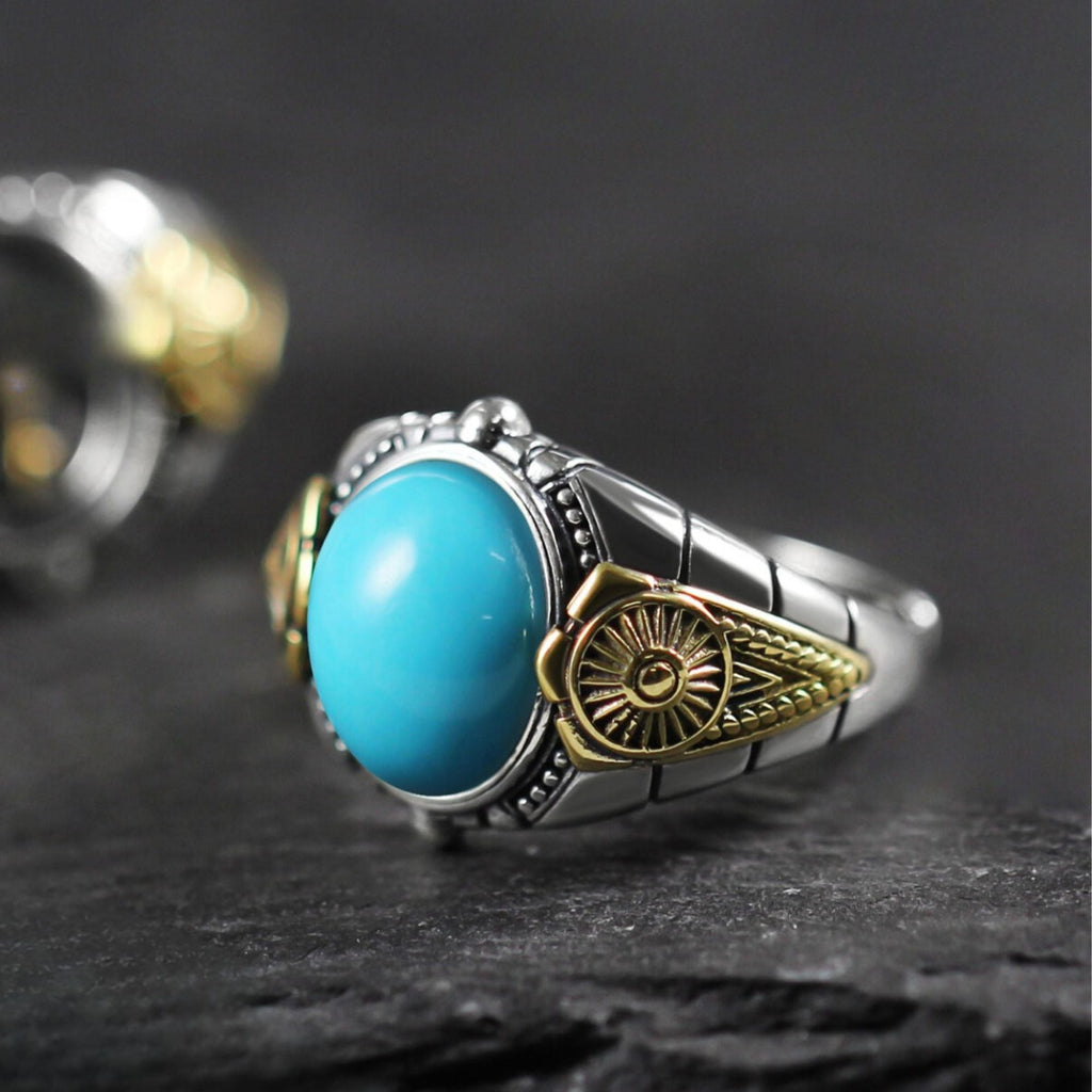 Sun Motif Round Turquoise 925 Sterling Silver Ring