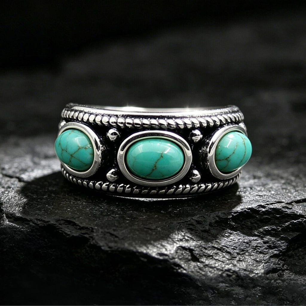 Three Oval Turquoise 925 Sterling Silver Wide Band Ring