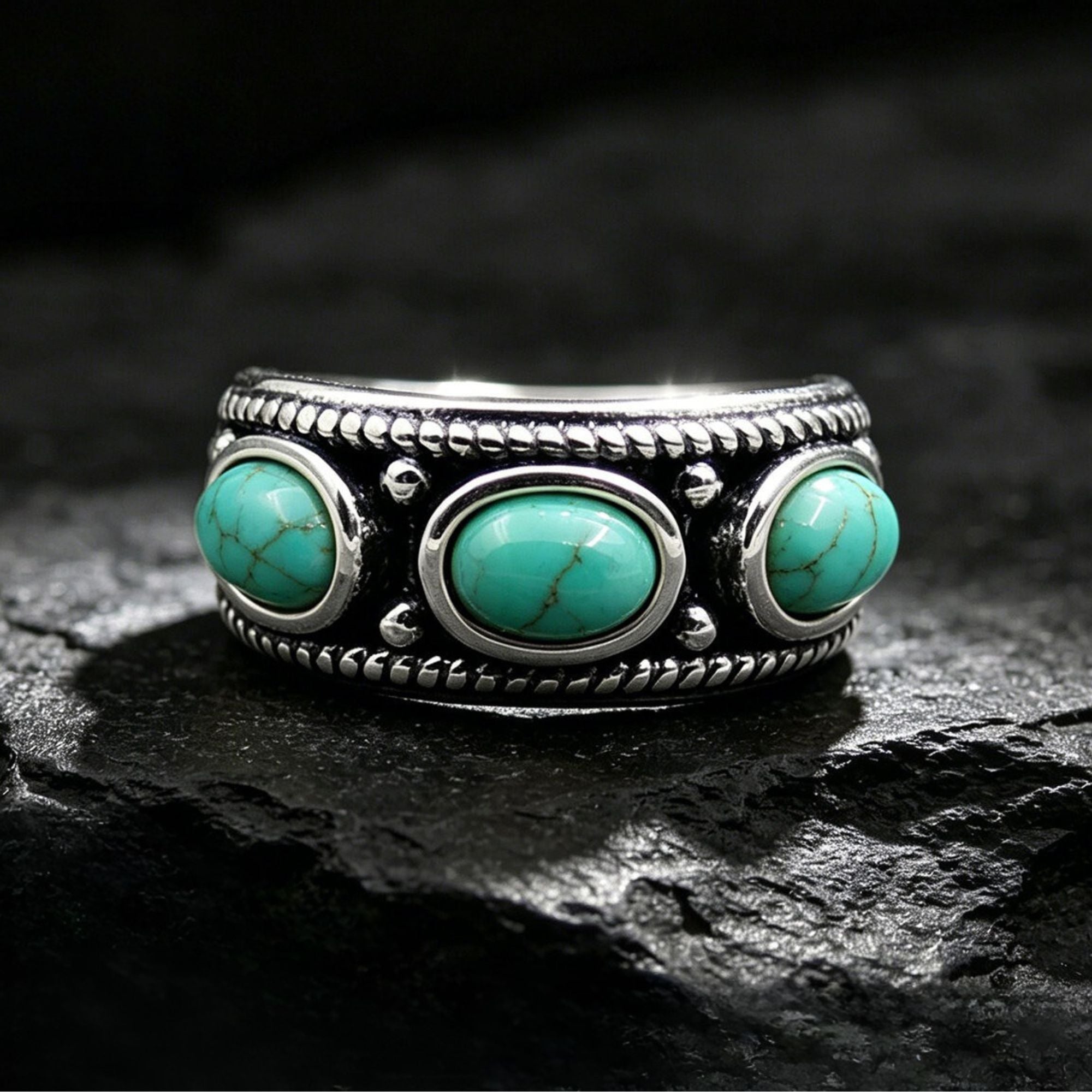 Three Oval Turquoise 925 Sterling Silver Wide Band Ring
