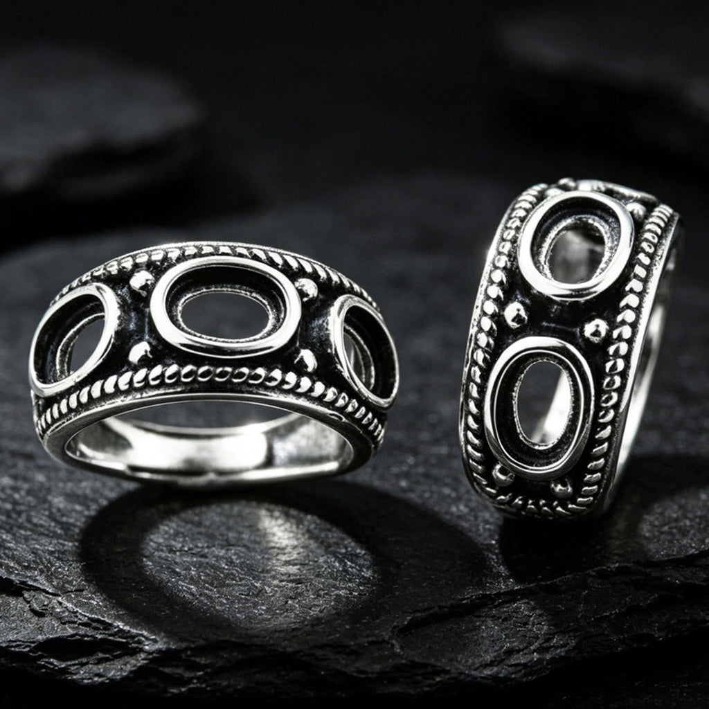 Three Oval Turquoise 925 Sterling Silver Wide Band Ring