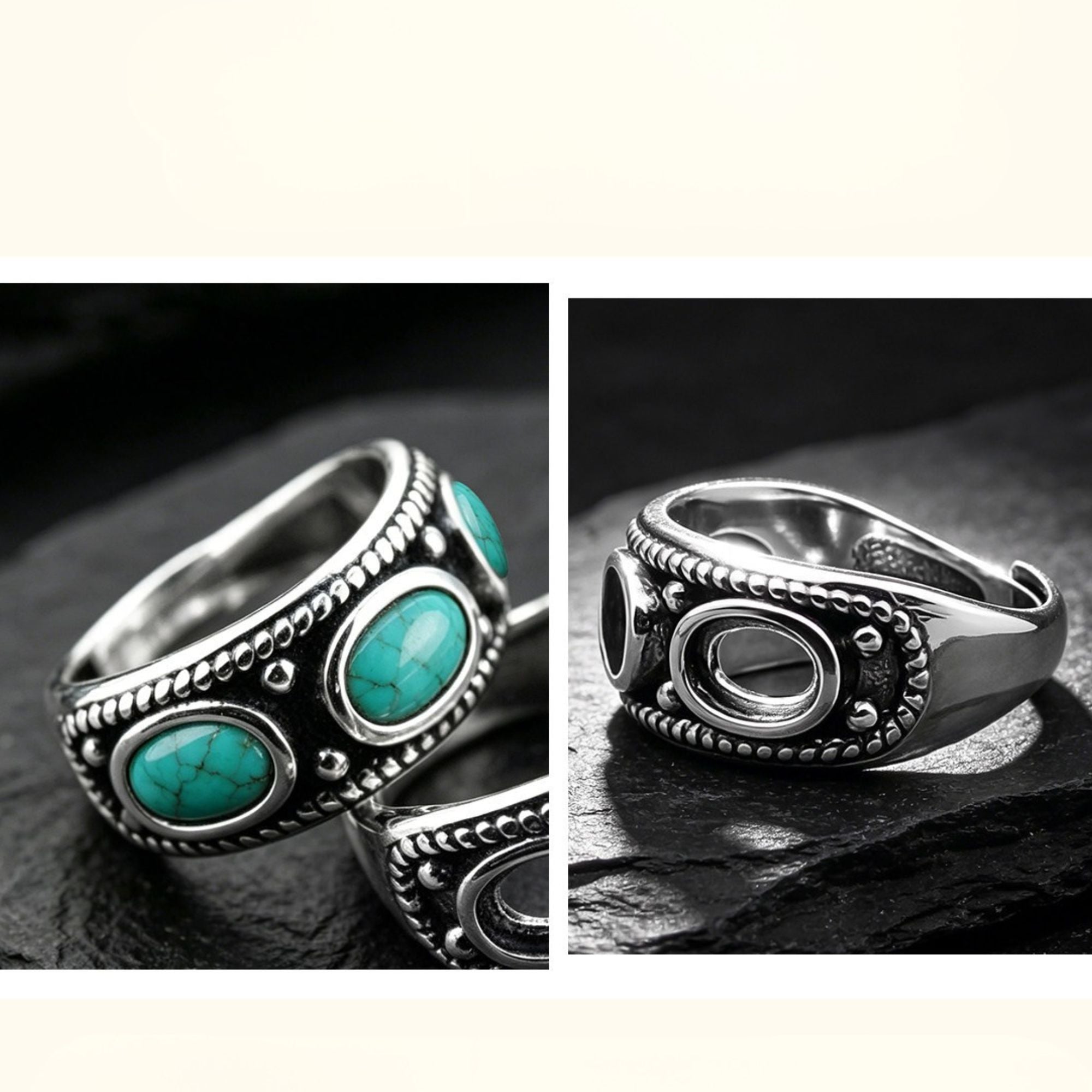 Three Oval Turquoise 925 Sterling Silver Wide Band Ring