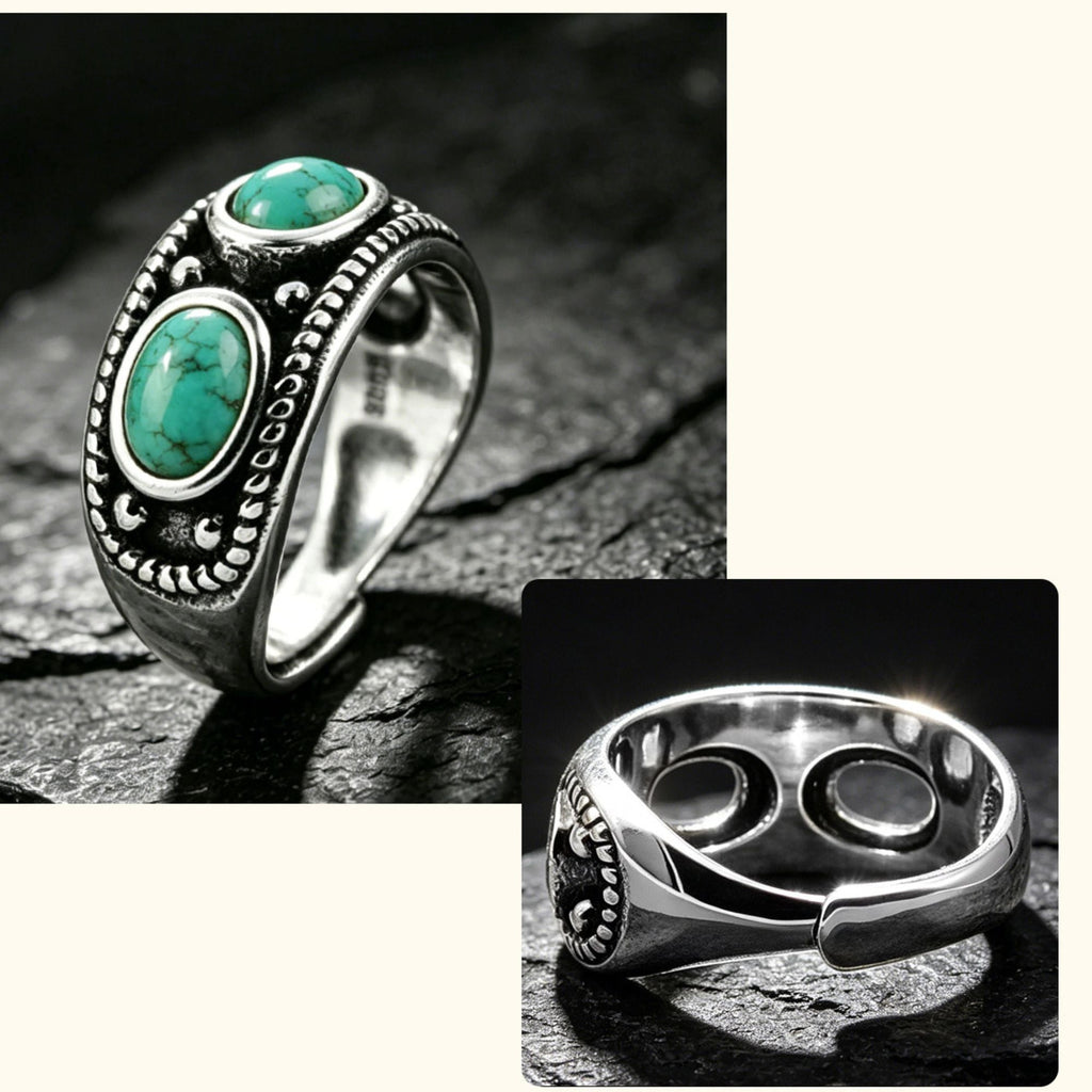 Three Oval Turquoise 925 Sterling Silver Wide Band Ring