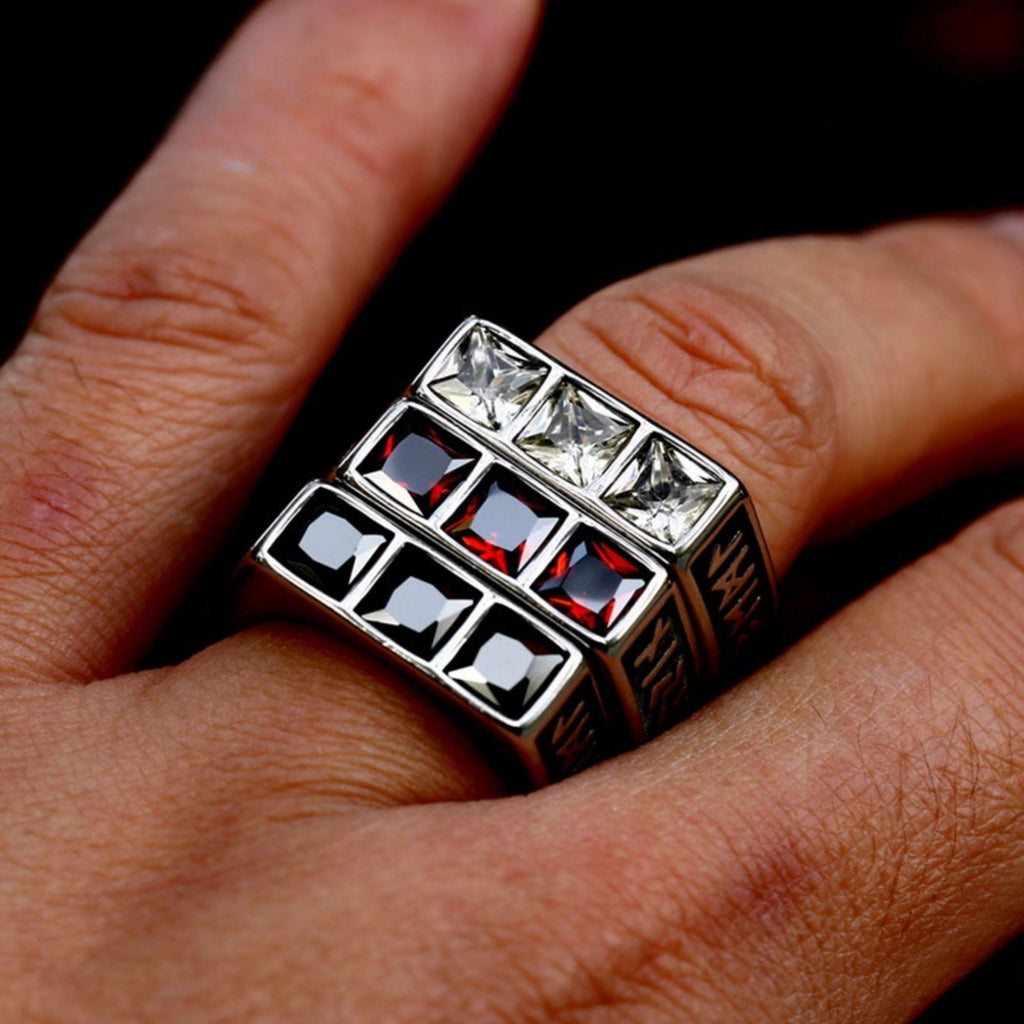 Square Gem Engraved Wide Stainless Steel Ring