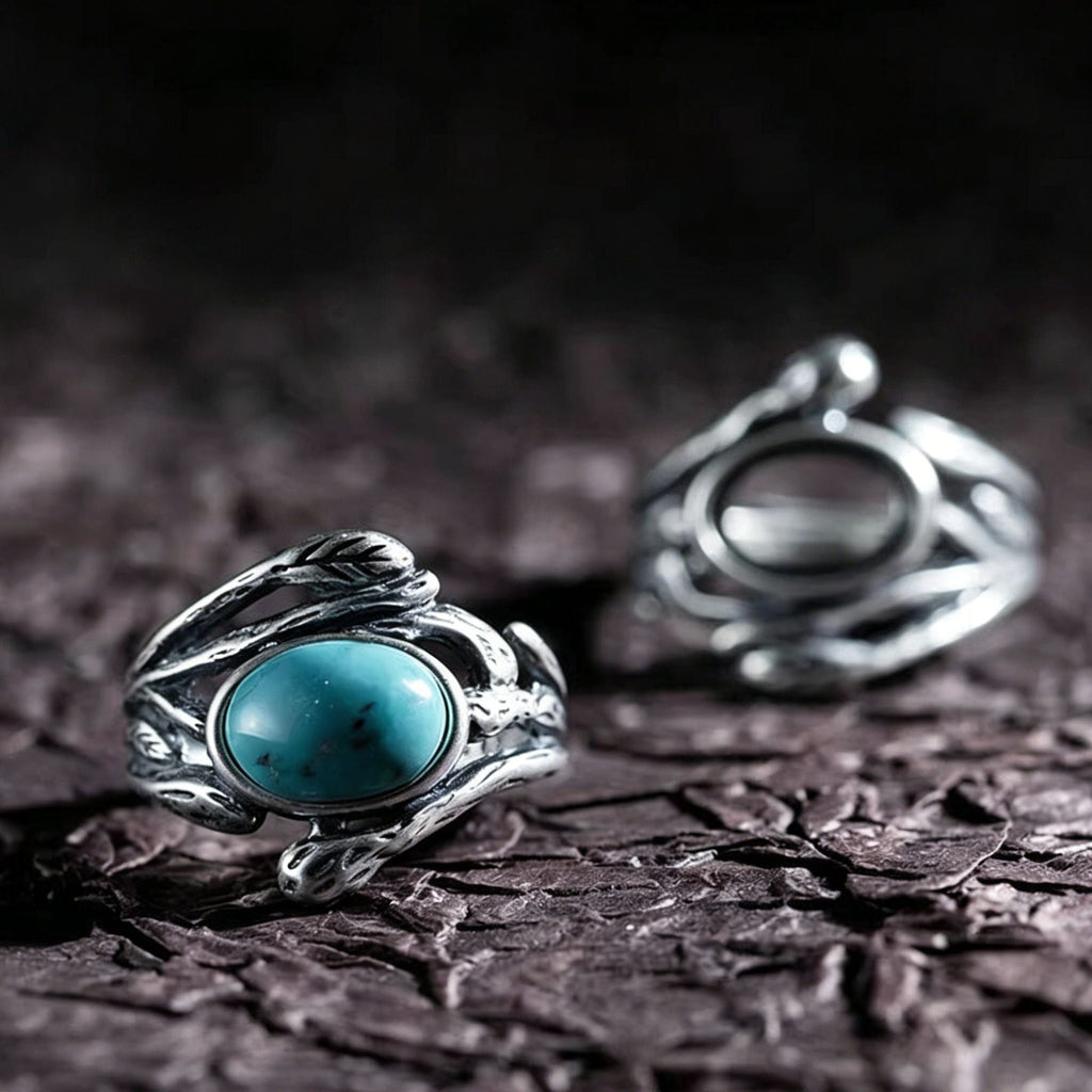 Natural Turquoise Twig Leaf Open Setting 925 Sterling Silver Ring