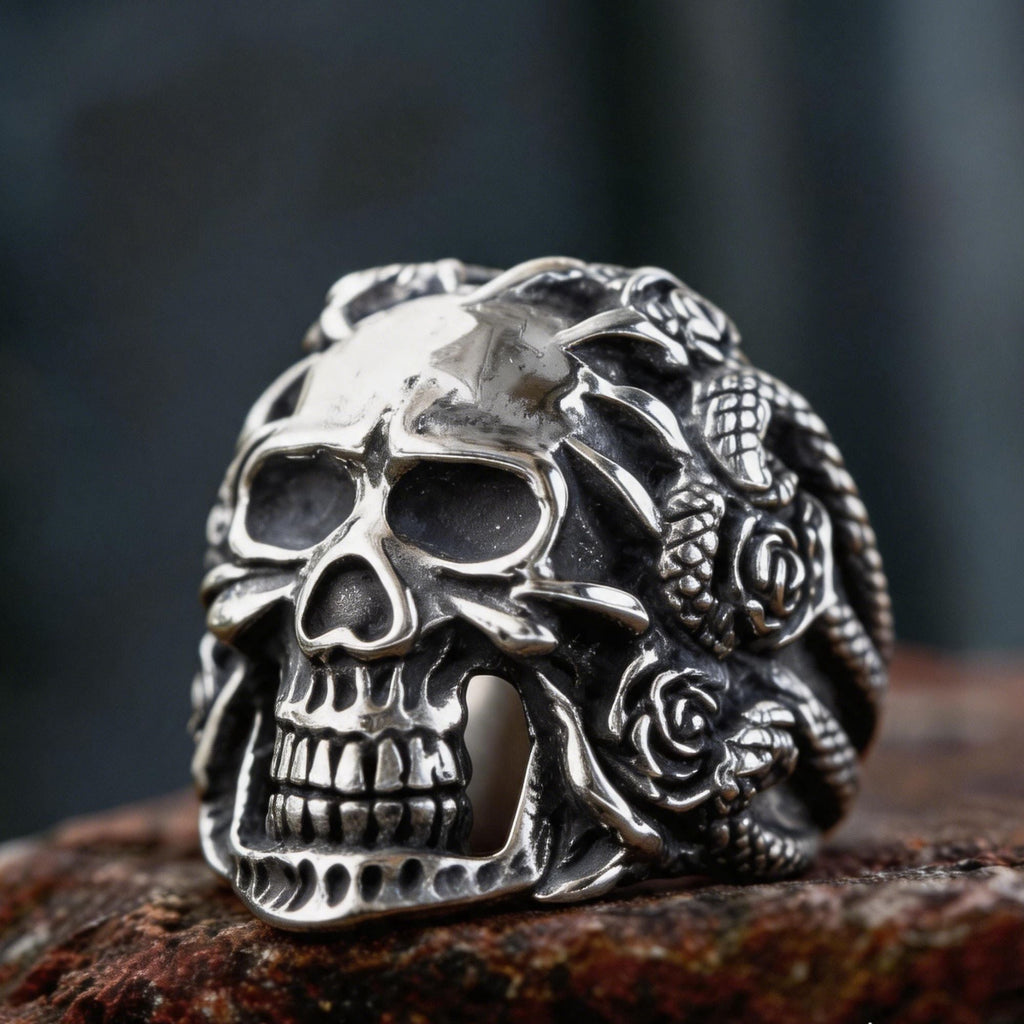 Snake & Rose Entwined Skull Gothic Stainless Steel Ring