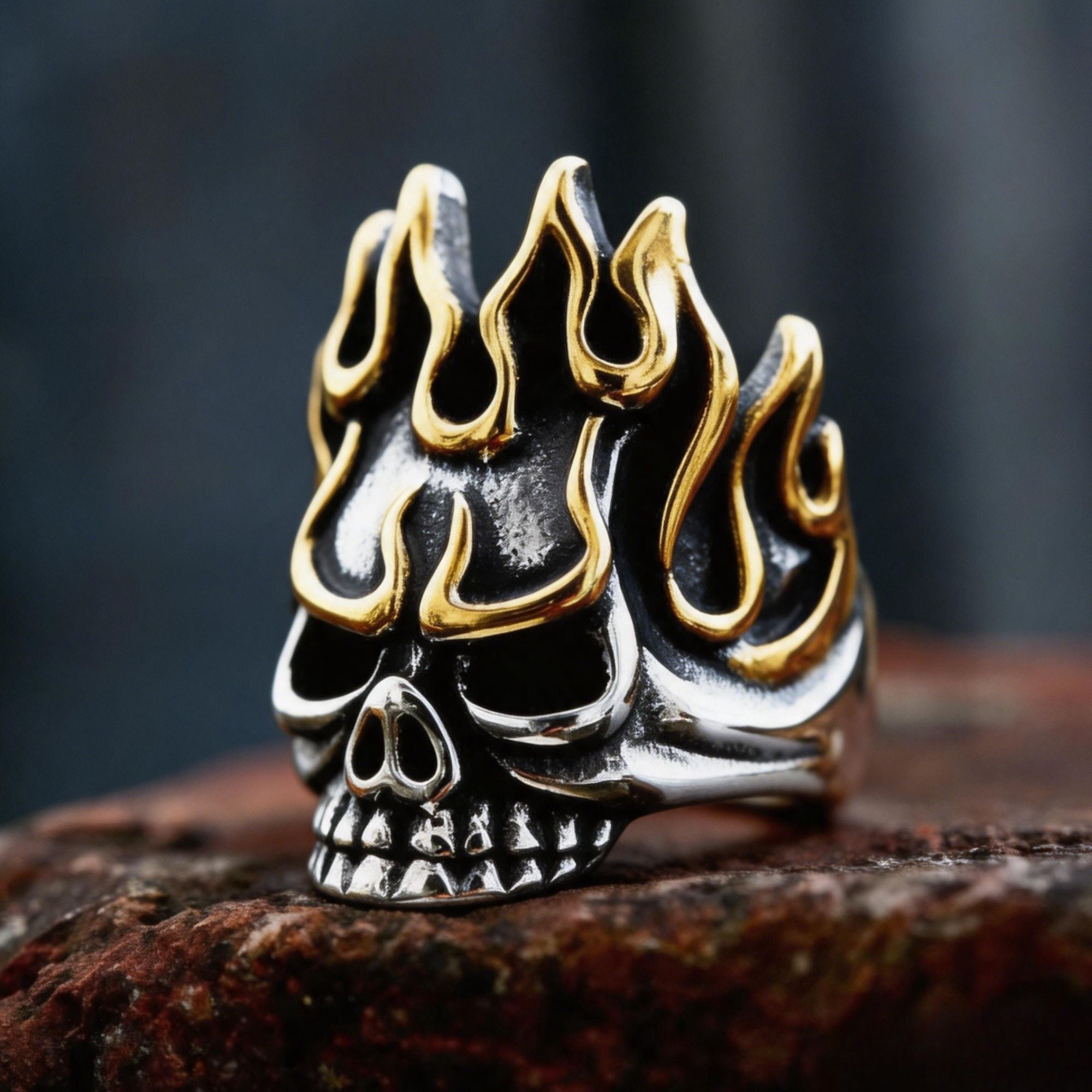 Golden Flame Skull Gothic Stainless Steel Ring