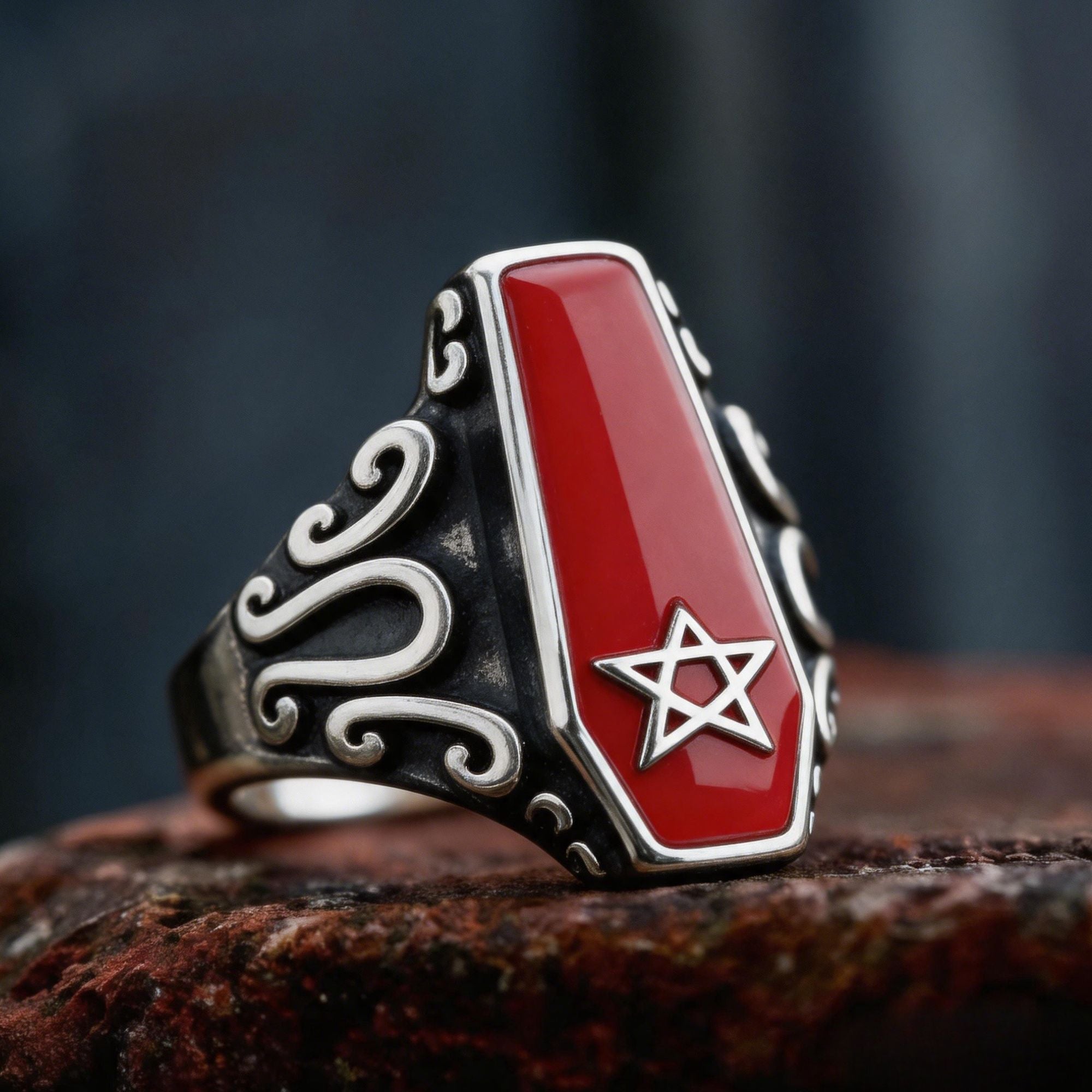 Red Enamel Coffin Pentagram Gothic Stainless Steel Ring