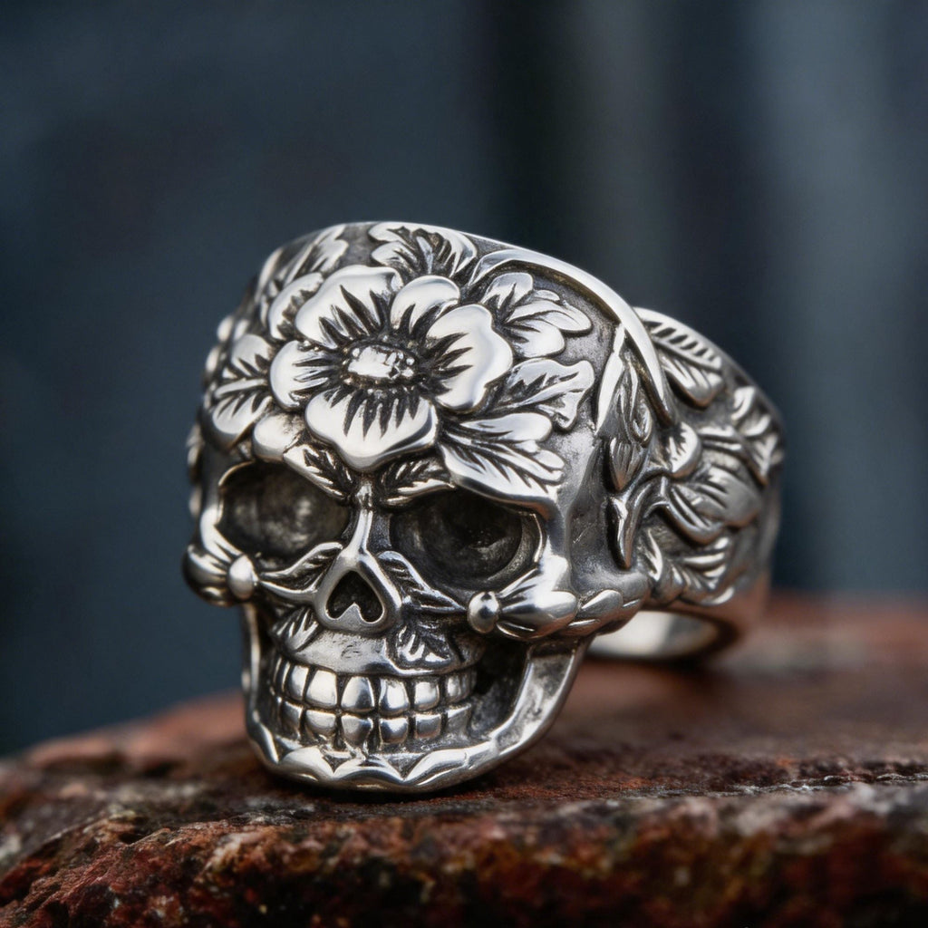Floral Sugar Skull Gothic Stainless Steel Ring