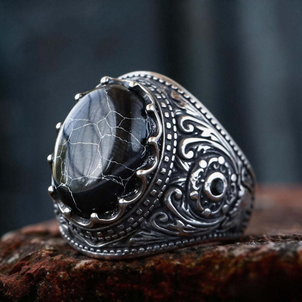 Vintage Floral Carved Black Cracked Stone Stainless Steel Ring