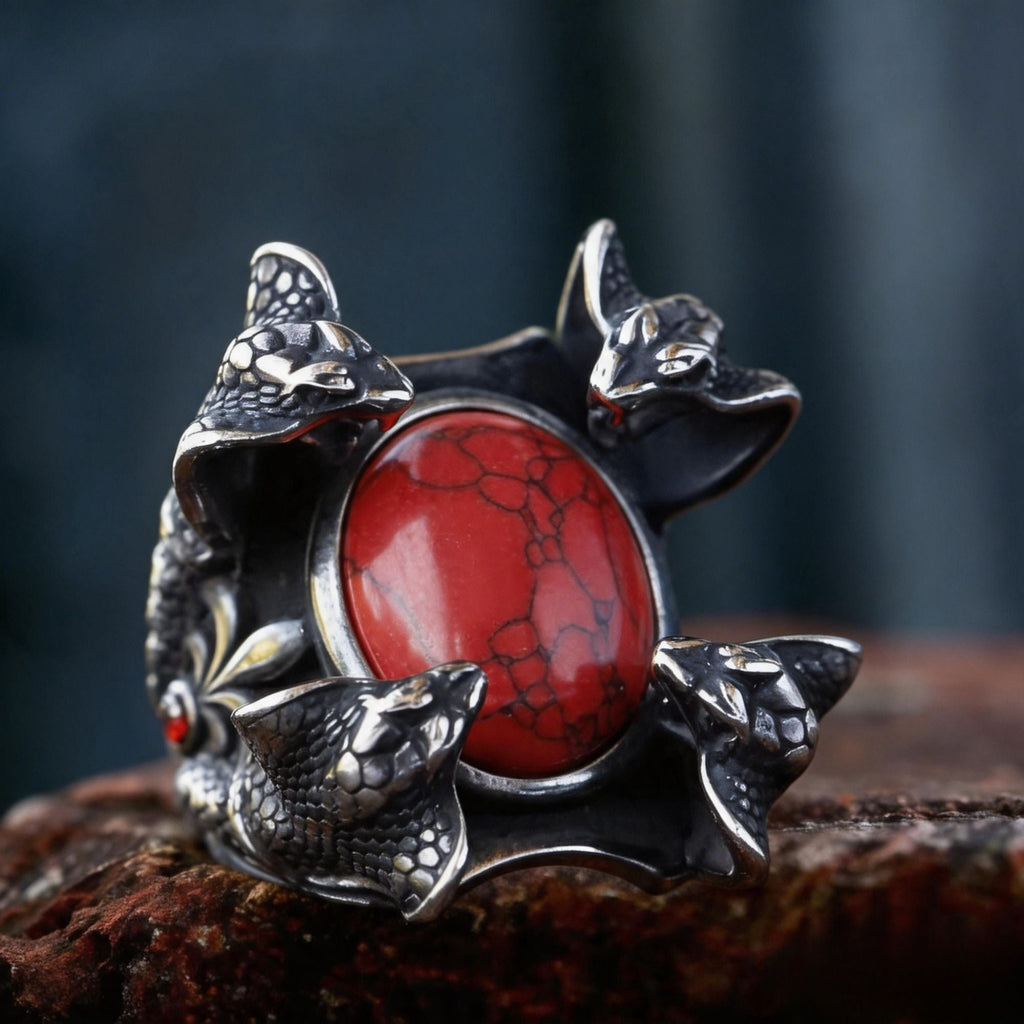 Four Cobra Head Red Stone Stainless Steel Ring