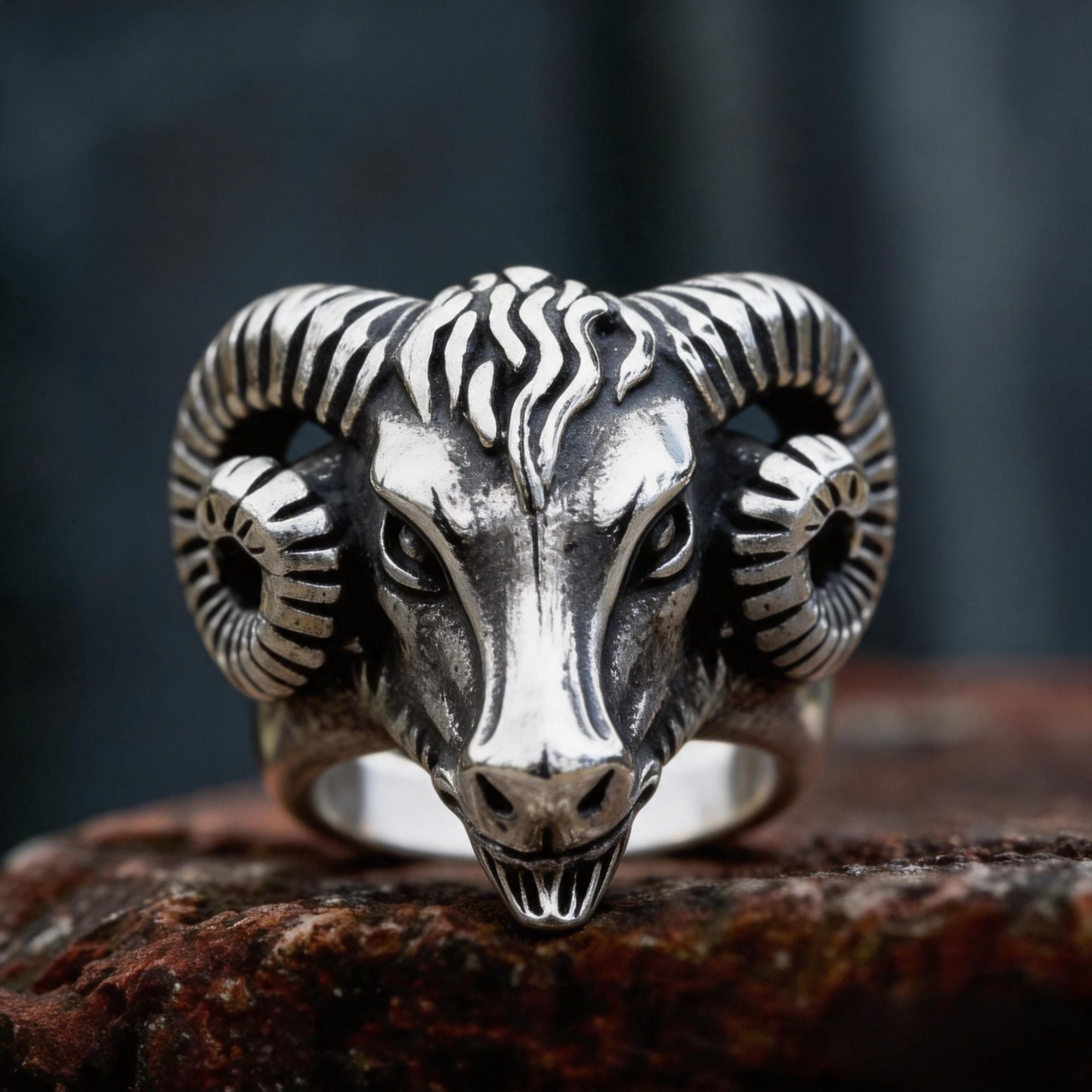 Vintage 3D Ram Head Stainless Steel Ring