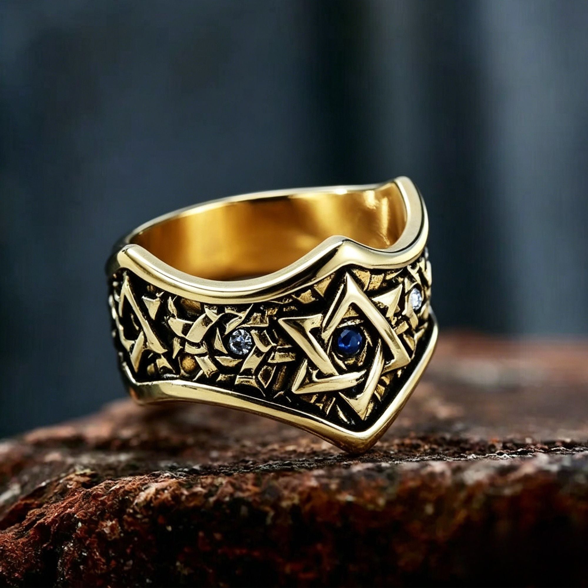 Star of David Hammered V-Band Stainless Steel Ring