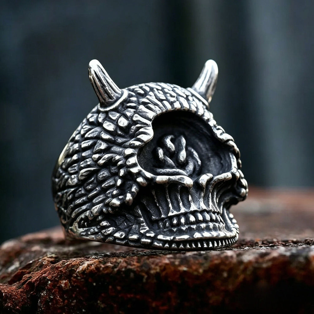 Horned Demon Skull with Rose Stainless Steel Ring