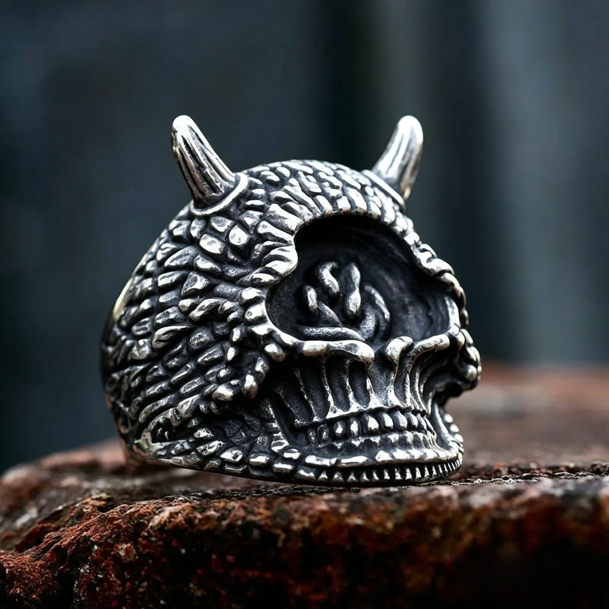 Horned Demon Skull with Rose Stainless Steel Ring