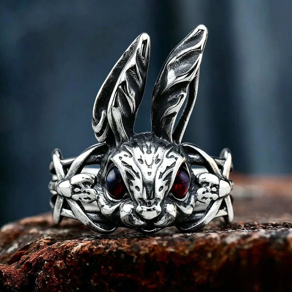 Gothic Red-Eyed Rabbit Vine Stainless Steel Ring