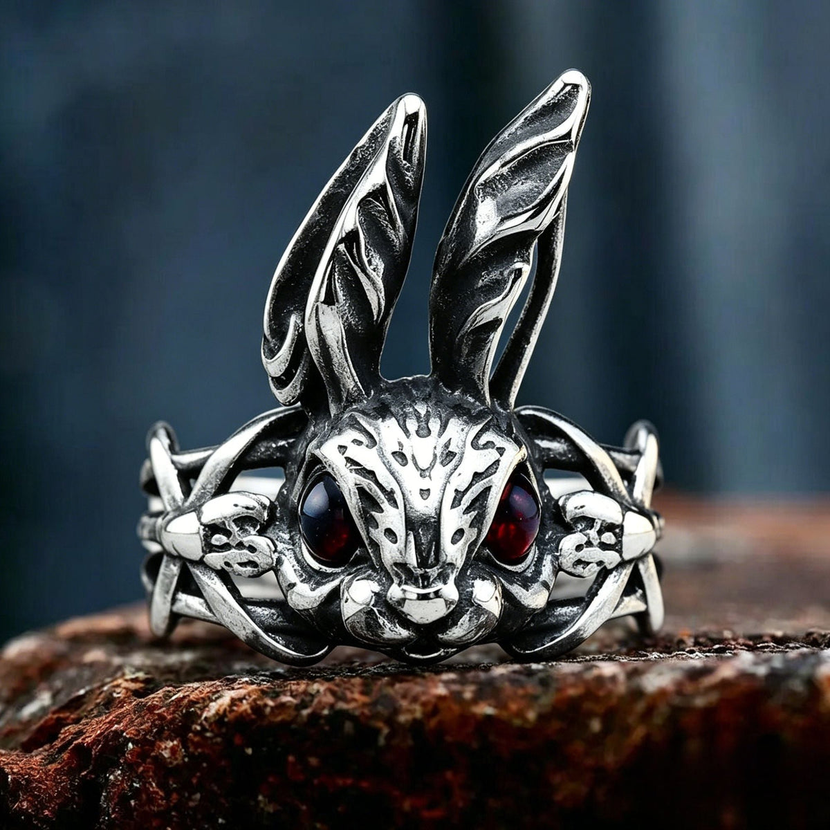 Gothic Red-Eyed Rabbit Vine Stainless Steel Ring