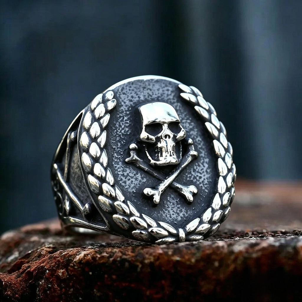 Vintage Laurel Wreath Skull Signet Stainless Steel Ring