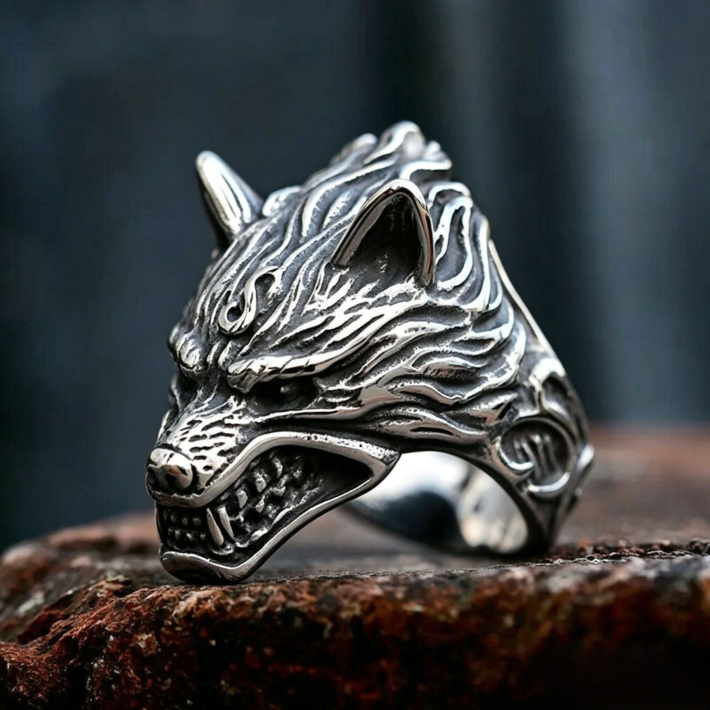 Fierce Roaring Wolf Head Stainless Steel Ring