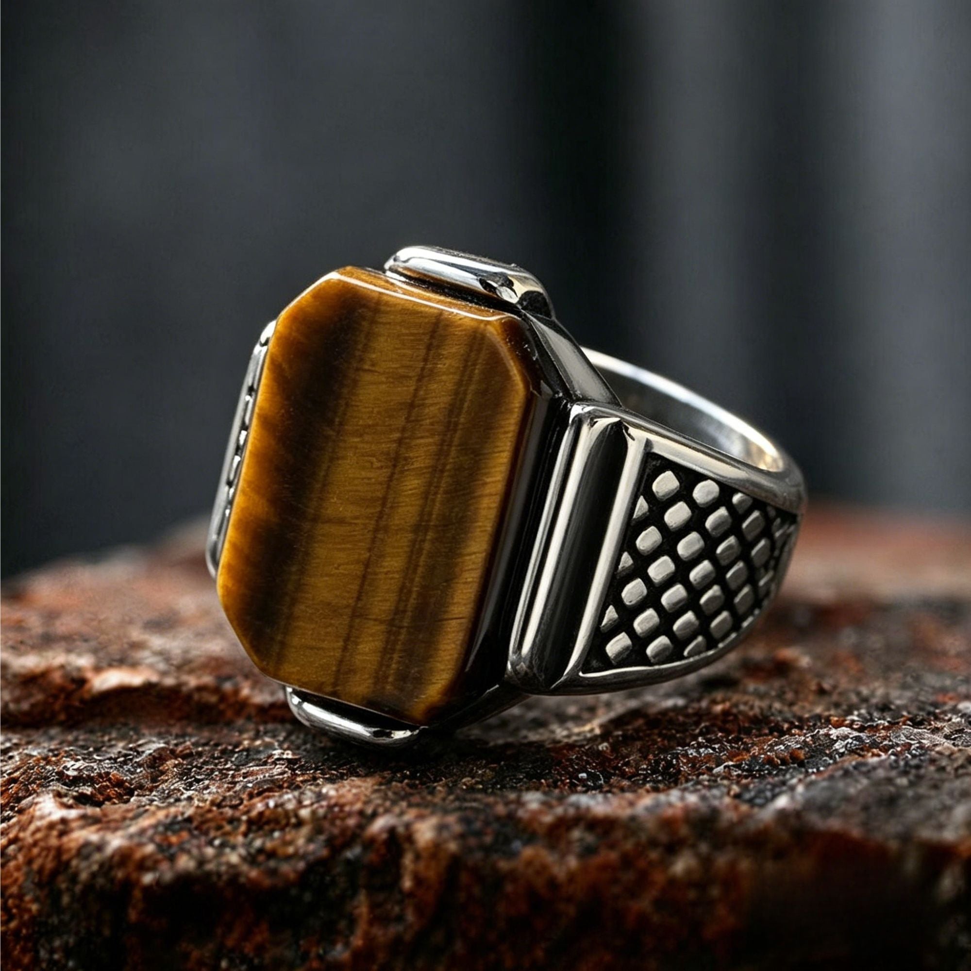 Rectangular Gemstone Grid Band Stainless Steel Ring