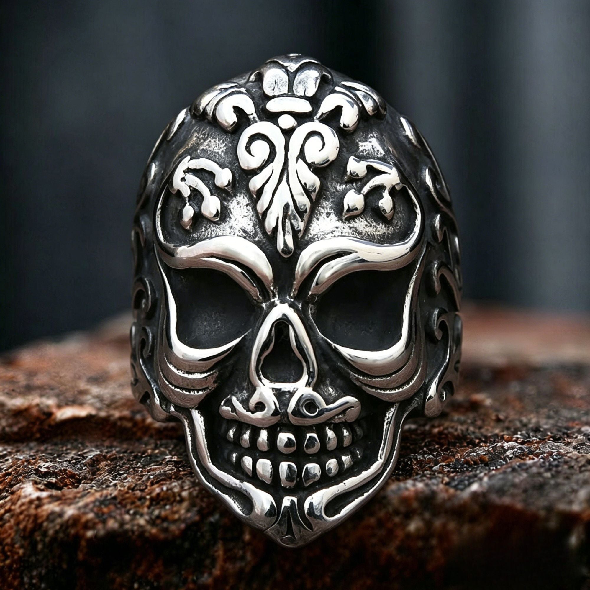 Vintage Floral Sugar Skull Stainless Steel Ring