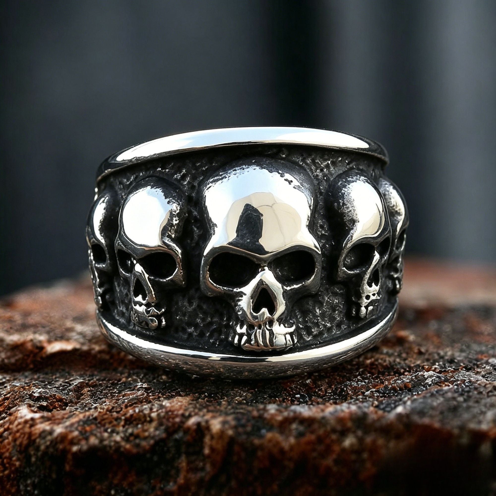 Vintage Multi Skull Wide Band Stainless Steel Ring