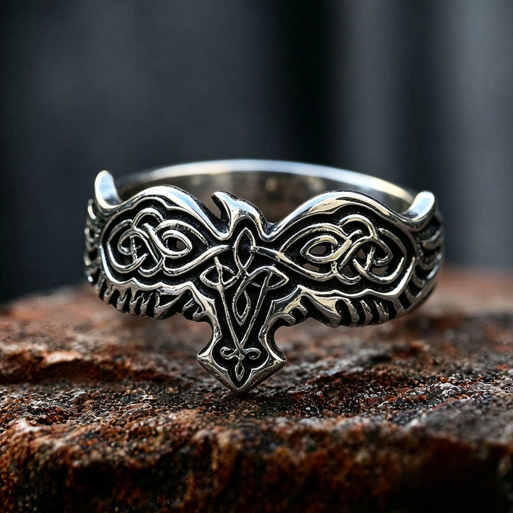 Viking Celtic Knot Raven Stainless Steel Slim Ring