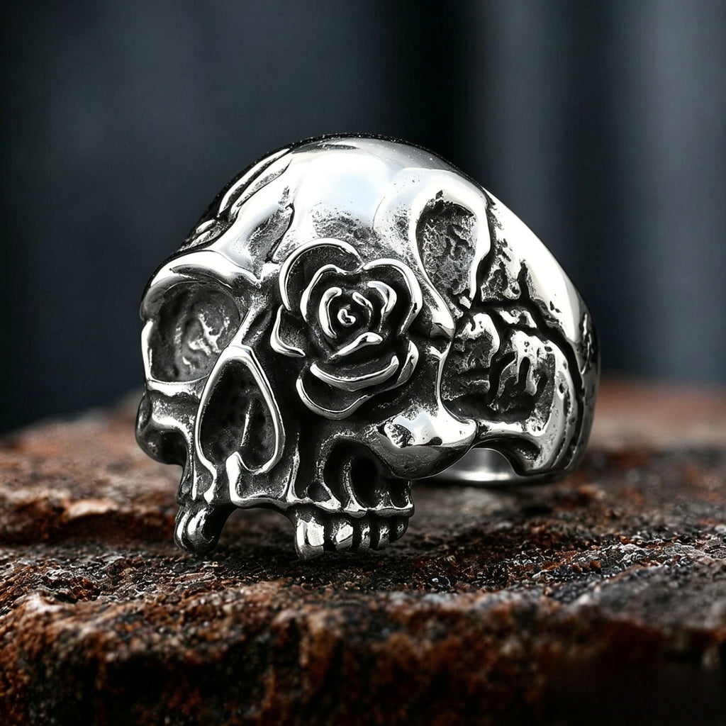 Dark Romantic Skull Rose Stainless Steel Gothic Ring