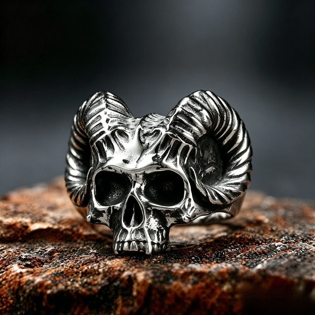 Satanic Ram Horn Skull Stainless Steel Statement Ring