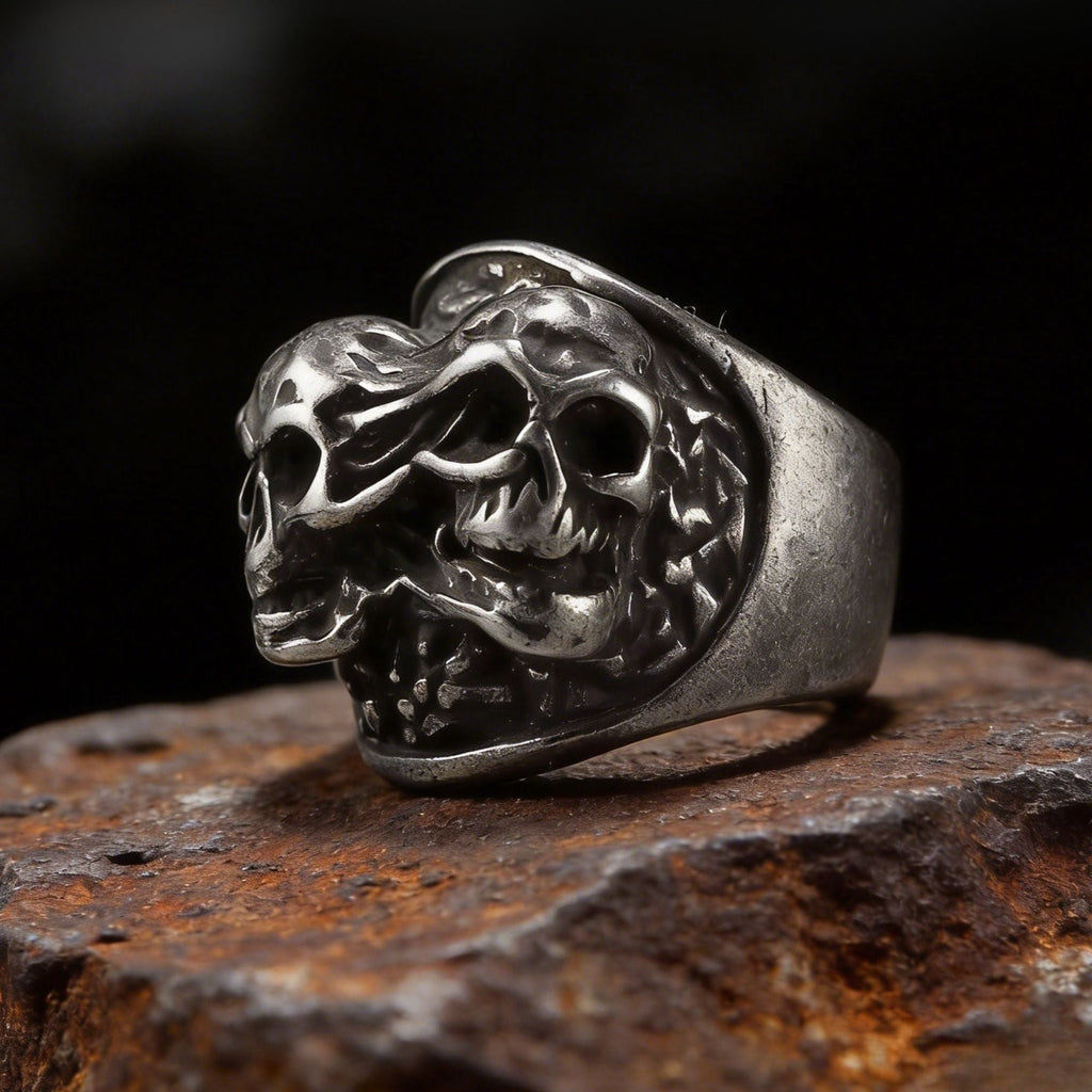 Split Personality Twin Skull Gothic Biker Ring