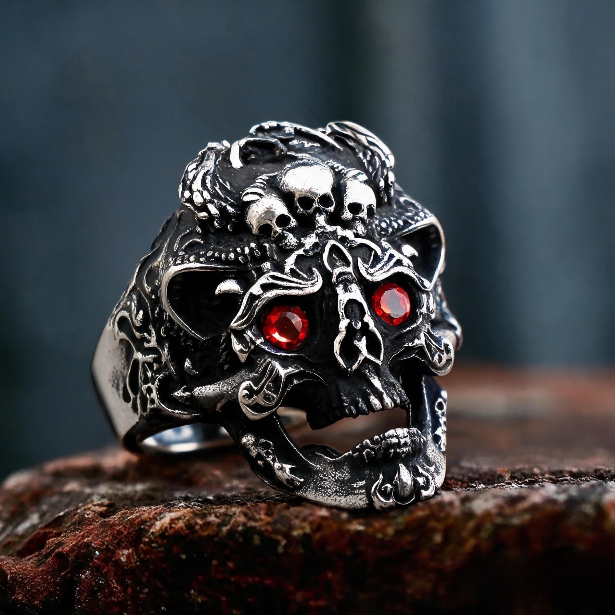 Gemstone Eyes Skull Stainless Steel Biker Ring