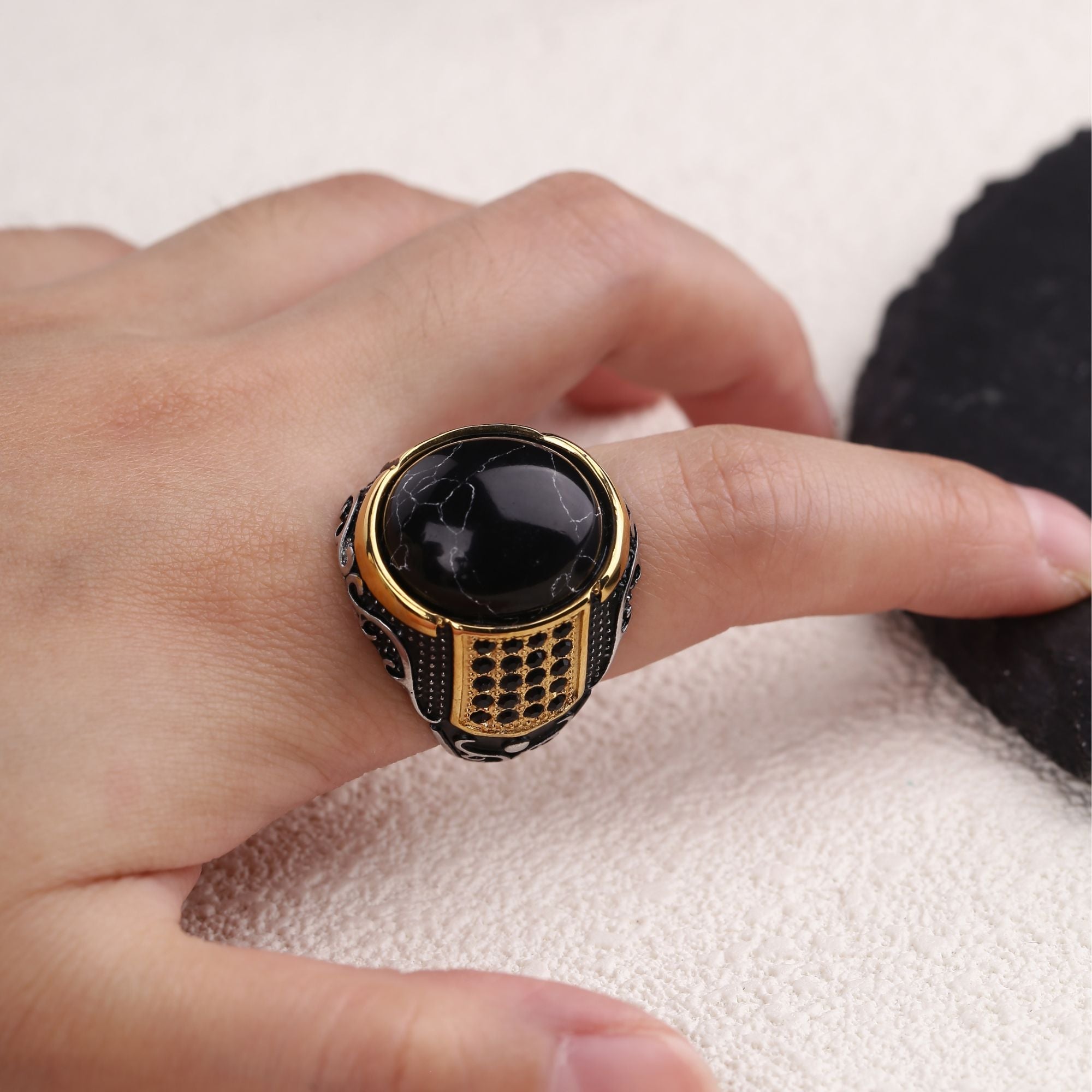 Vintage Black Turquoise Stainless Steel Ring